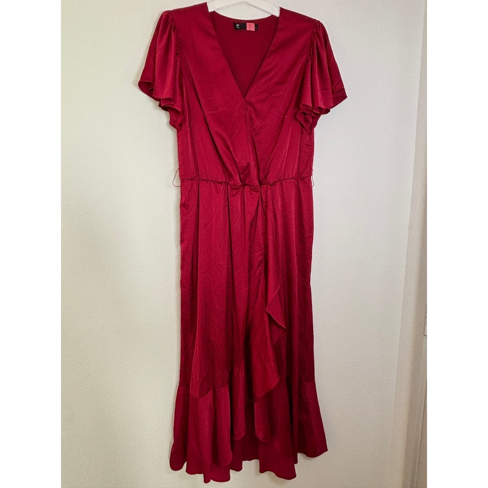 Leslie Fay Red Faux Wrap Midi Dress Short Flutter Sleeve Ruffle Hem Size 14